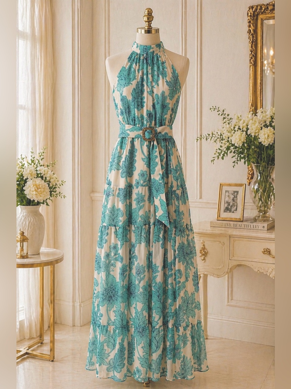 Taylor Blue Sleeveless High Neck Floral Maxi Dress Halter Tiered Flowy Belted